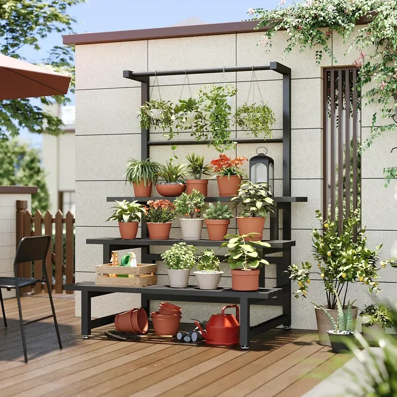 Outdoor Furniture Black - Многоярусная полка для растений, универсальная уличная